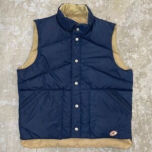 Vintage Camel Vest Mens Medium Blue Tan Goose Down Reversible Snap Puffer Cowboy